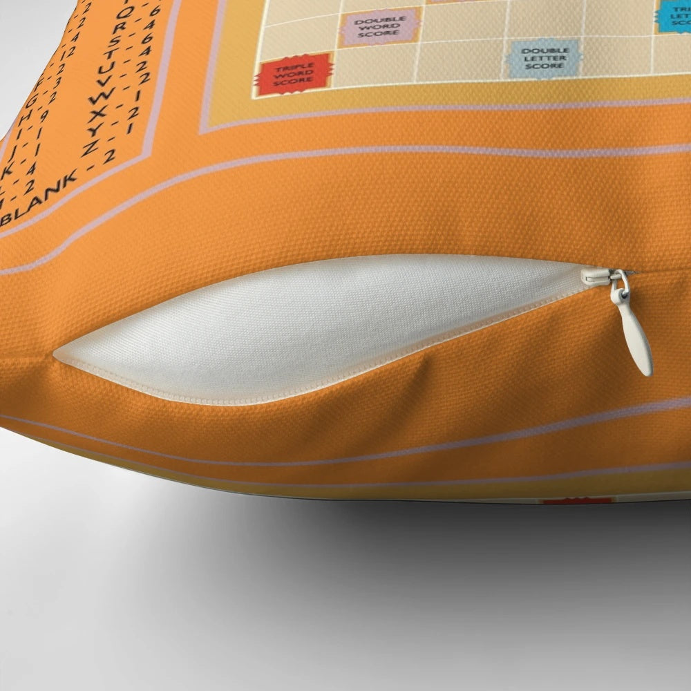 Scrabble-themed throw pillow with colorful game tiles
