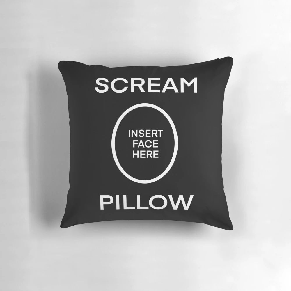 A black and white pillow with the word "SCREAM" printed on it, perfect for adding a touch of dark humor to your home.