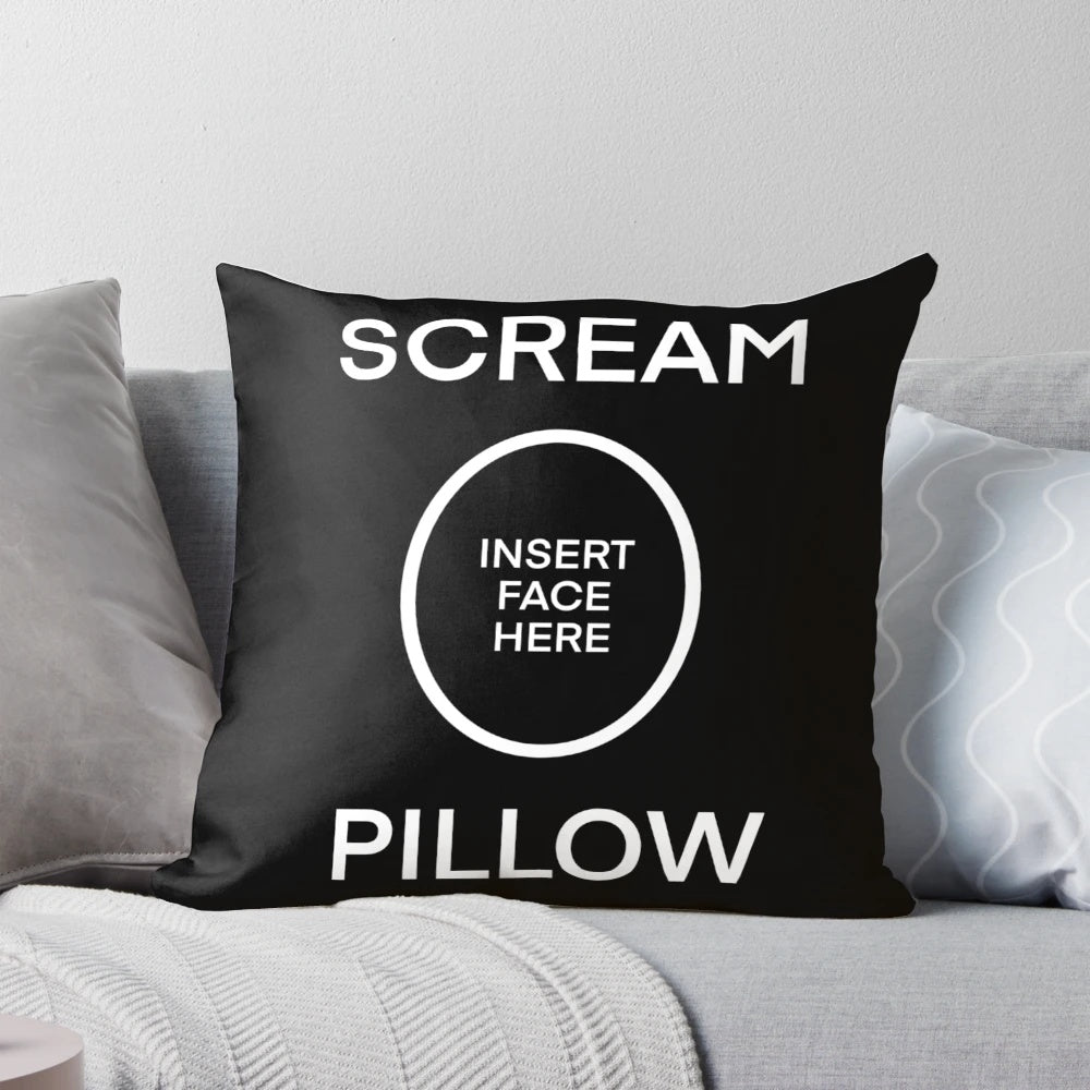 A black and white pillow with the word "SCREAM" printed on it, perfect for adding a touch of dark humor to your home.