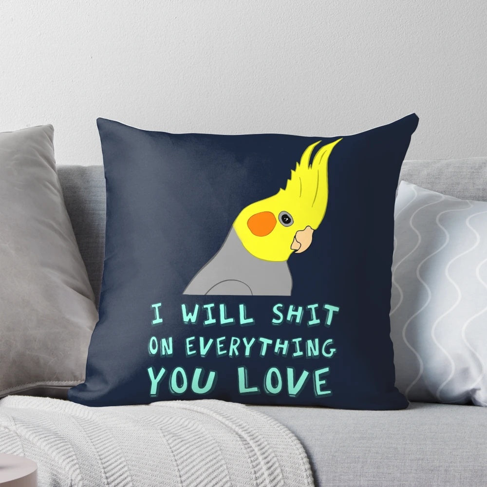 Decorative pillow featuring an angry, screaming bird design