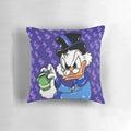 Scrooge McDuck themed throw pillow with money, dollar bills, and bank elements