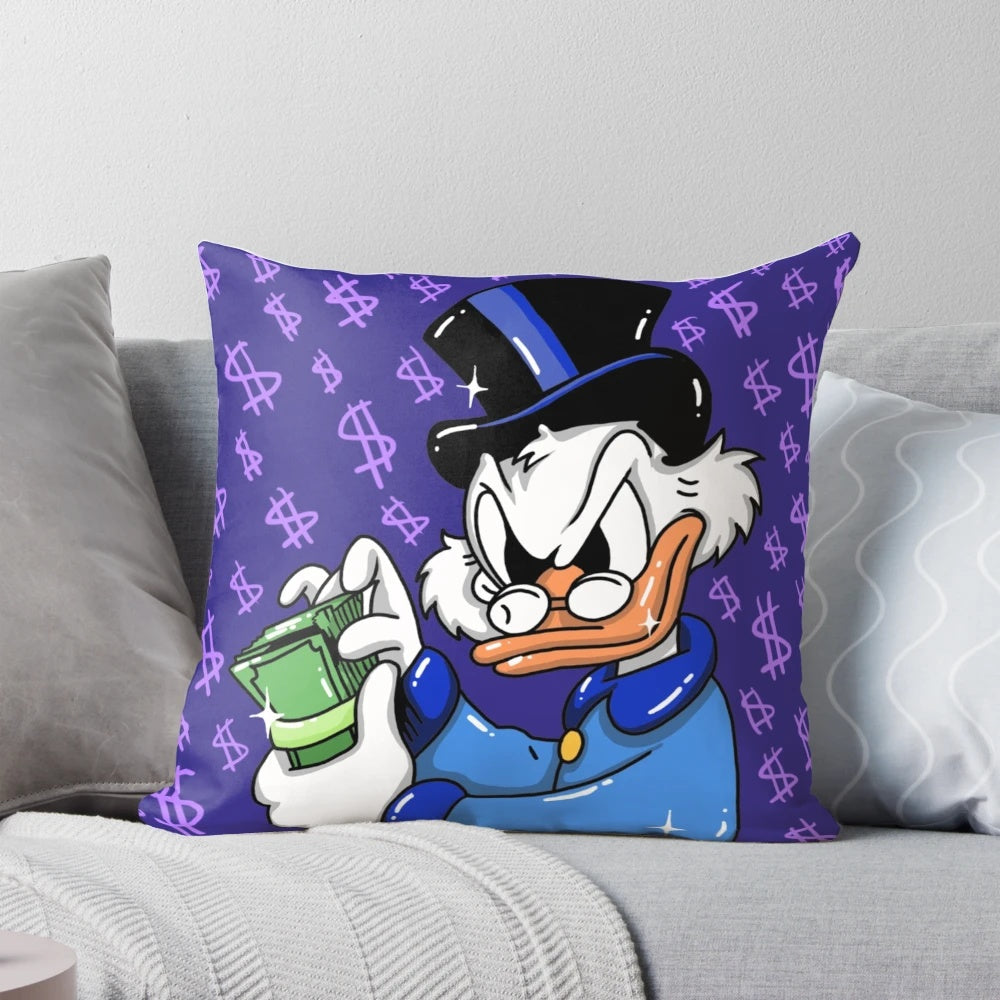 Scrooge McDuck themed throw pillow with money, dollar bills, and bank elements
