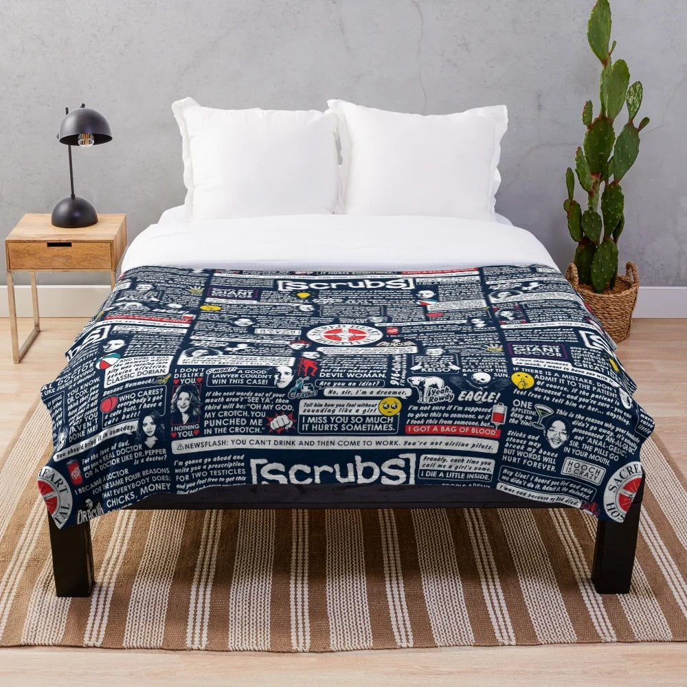 Scrubs TV show inspired plush blanket with characters and quotes