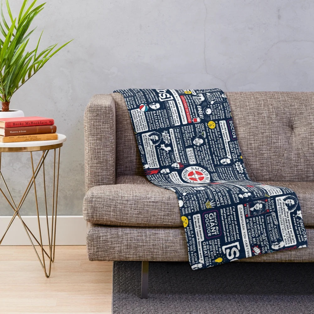 Scrubs TV show inspired plush blanket with characters and quotes