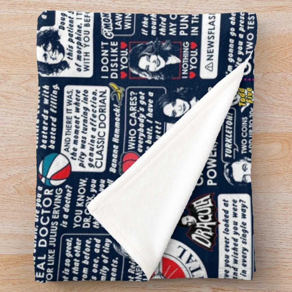 Scrubs TV show inspired plush blanket with characters and quotes