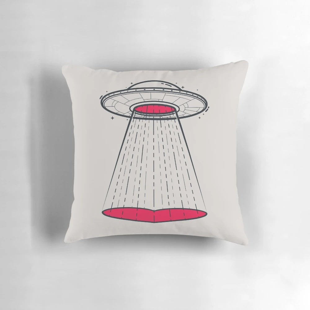 A vibrant, retro-inspired pillow featuring a cartoon spaceship and the text "Looking for Love