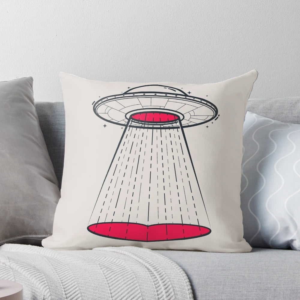 A vibrant, retro-inspired pillow featuring a cartoon spaceship and the text "Looking for Love