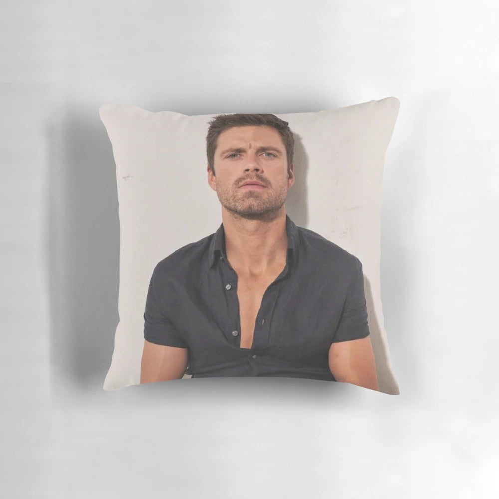 Sebastian Stan wearing a black shirt printed on a pillow