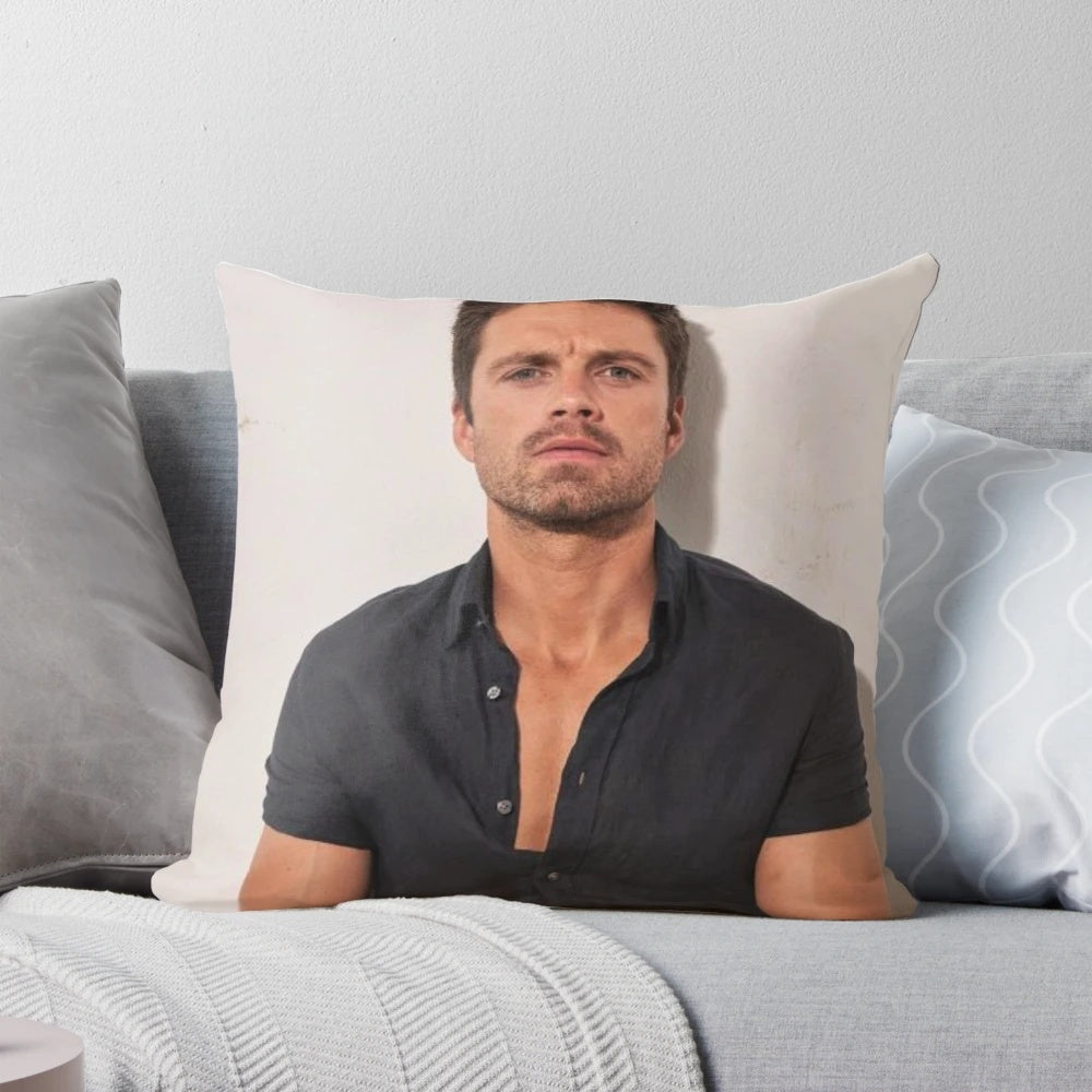 Sebastian Stan wearing a black shirt printed on a pillow