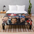 A collage-style plush blanket featuring images of actor Sebastian Stan as the Marvel character Bucky Barnes