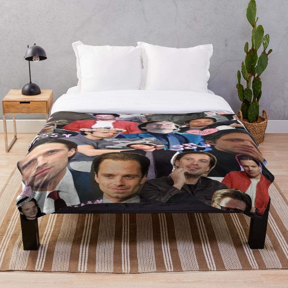 A collage-style plush blanket featuring images of actor Sebastian Stan as the Marvel character Bucky Barnes