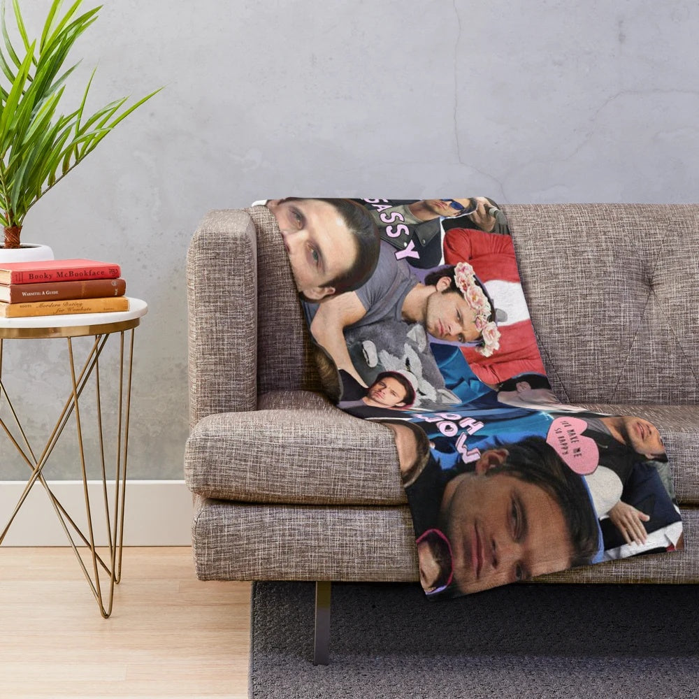 A collage-style plush blanket featuring images of actor Sebastian Stan as the Marvel character Bucky Barnes