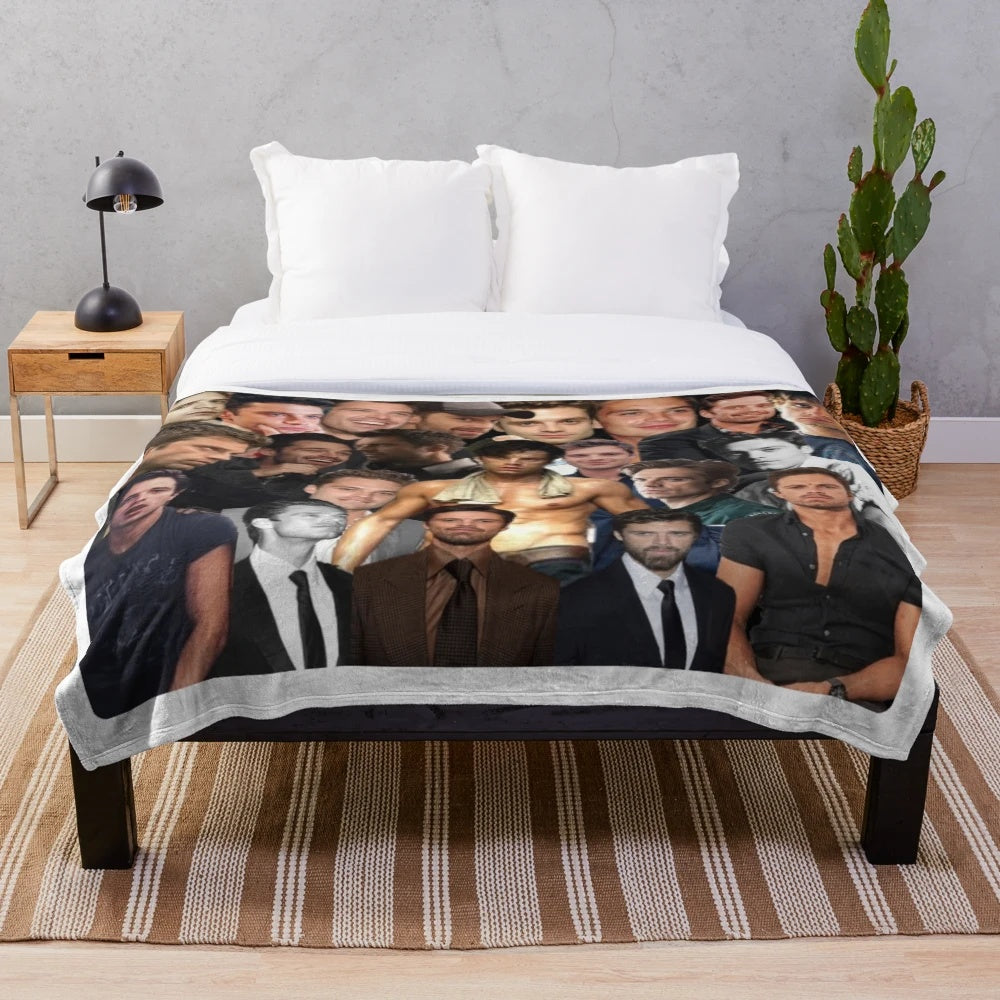 Collage of Sebastian Stan as Bucky Barnes in the Avengers movie on a plush blanket