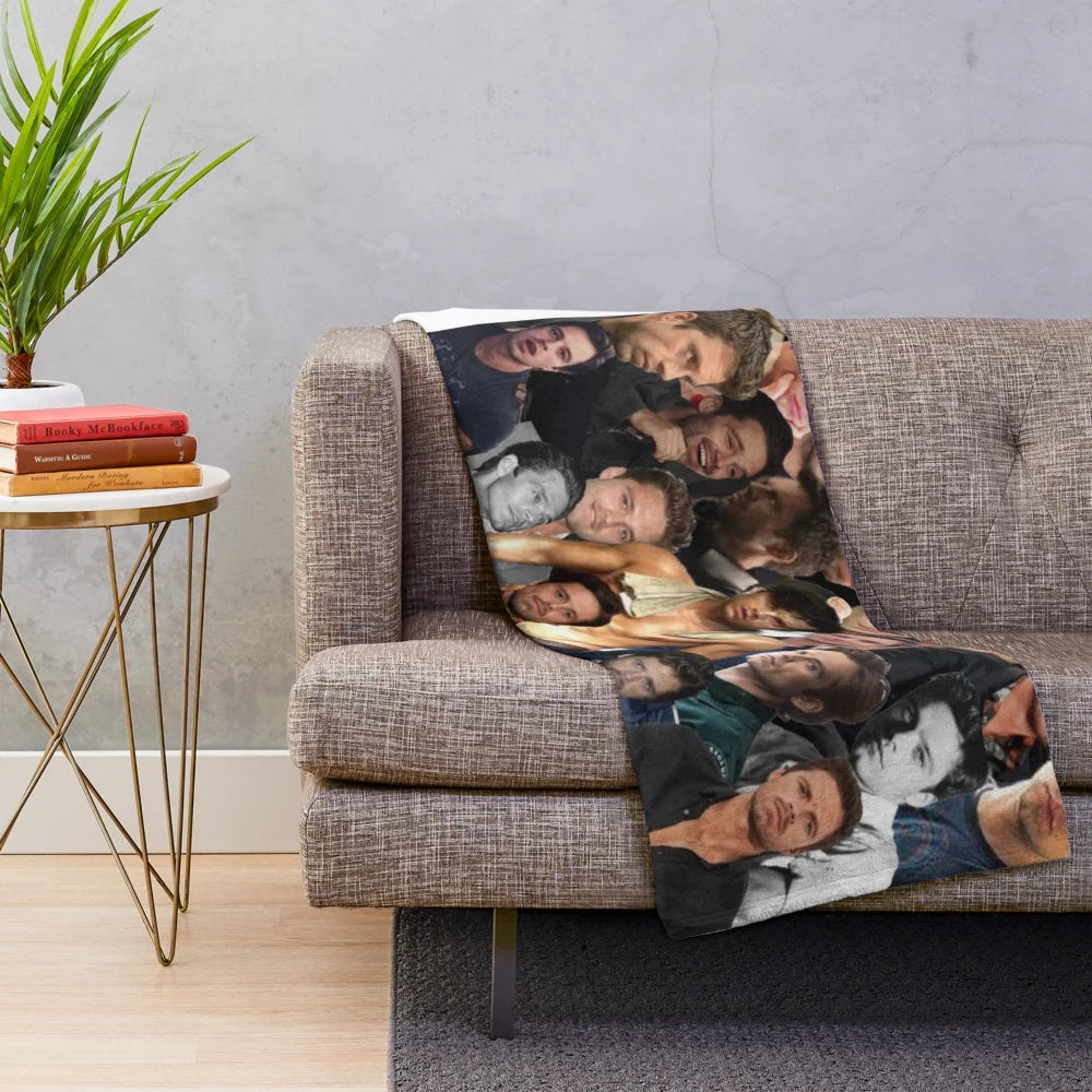 Collage of Sebastian Stan as Bucky Barnes in the Avengers movie on a plush blanket