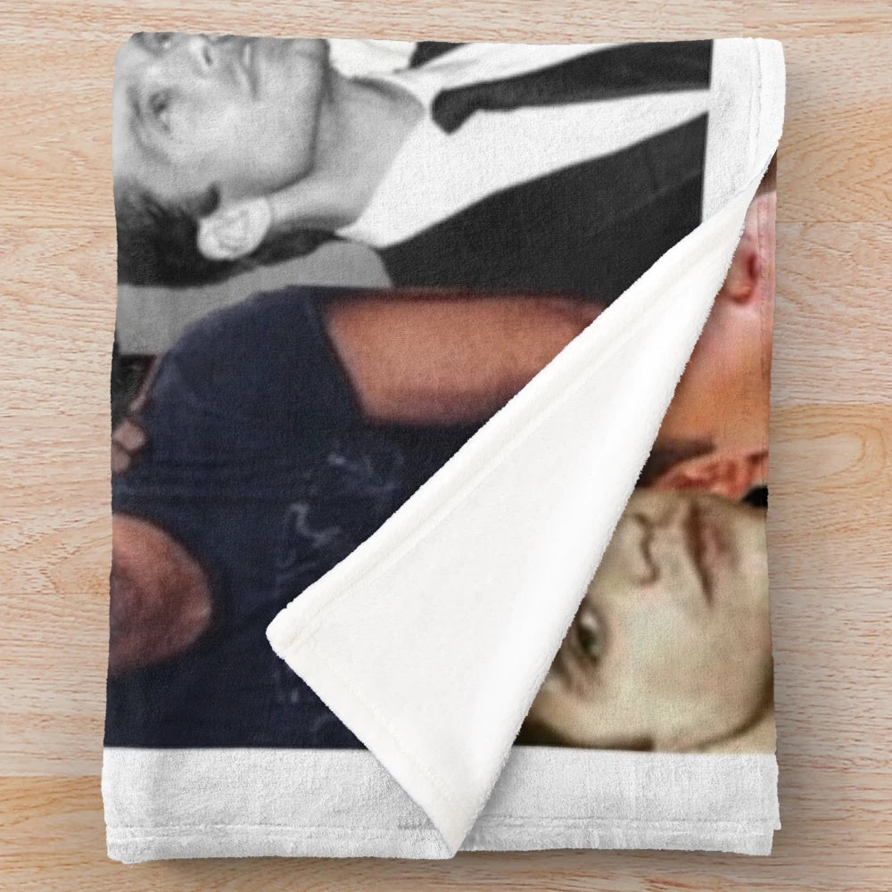 Collage of Sebastian Stan as Bucky Barnes in the Avengers movie on a plush blanket