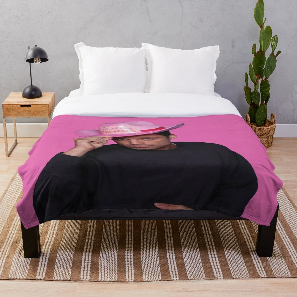 Sebastian Stan inspired plush blanket with pink cowboy hat