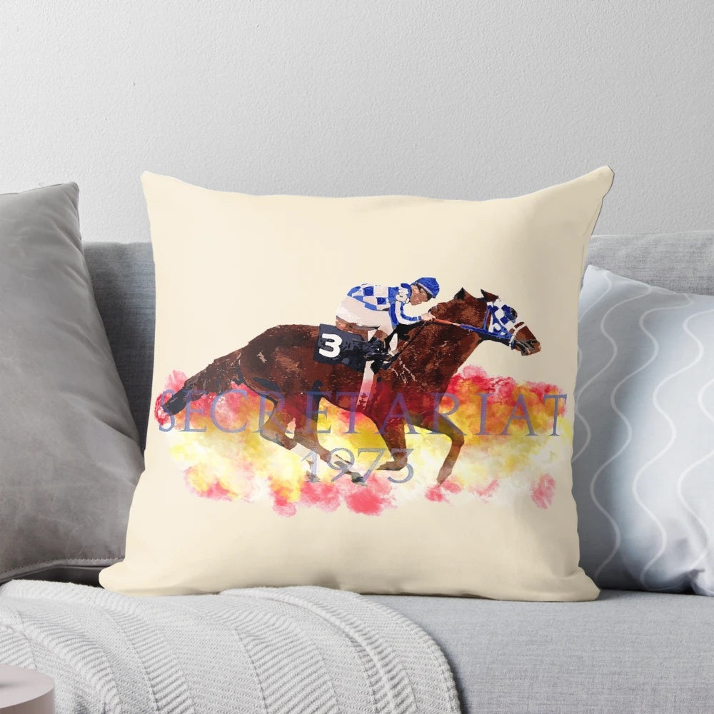 Decorative pillow featuring Secretariat, the legendary 1973 Triple Crown winning racehorse