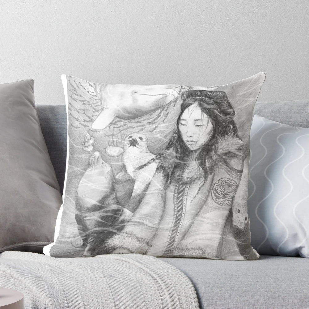 Sedna, the Inuit sea goddess, depicted on a decorative pillow.