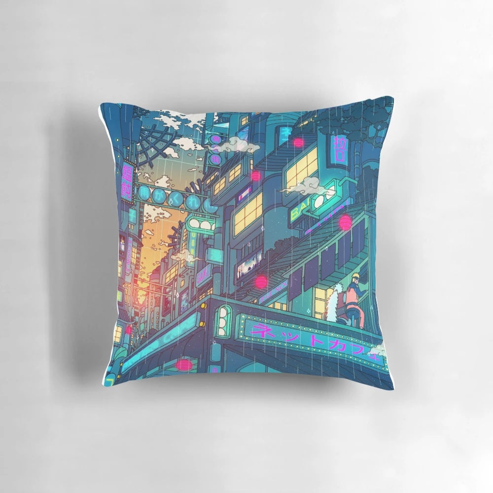 A serene and surreal Pillow POD design featuring a rainy village scene in a seerlight, lofi aesthetic.