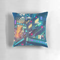 A serene and surreal Pillow POD design featuring a rainy village scene in a seerlight, lofi aesthetic.