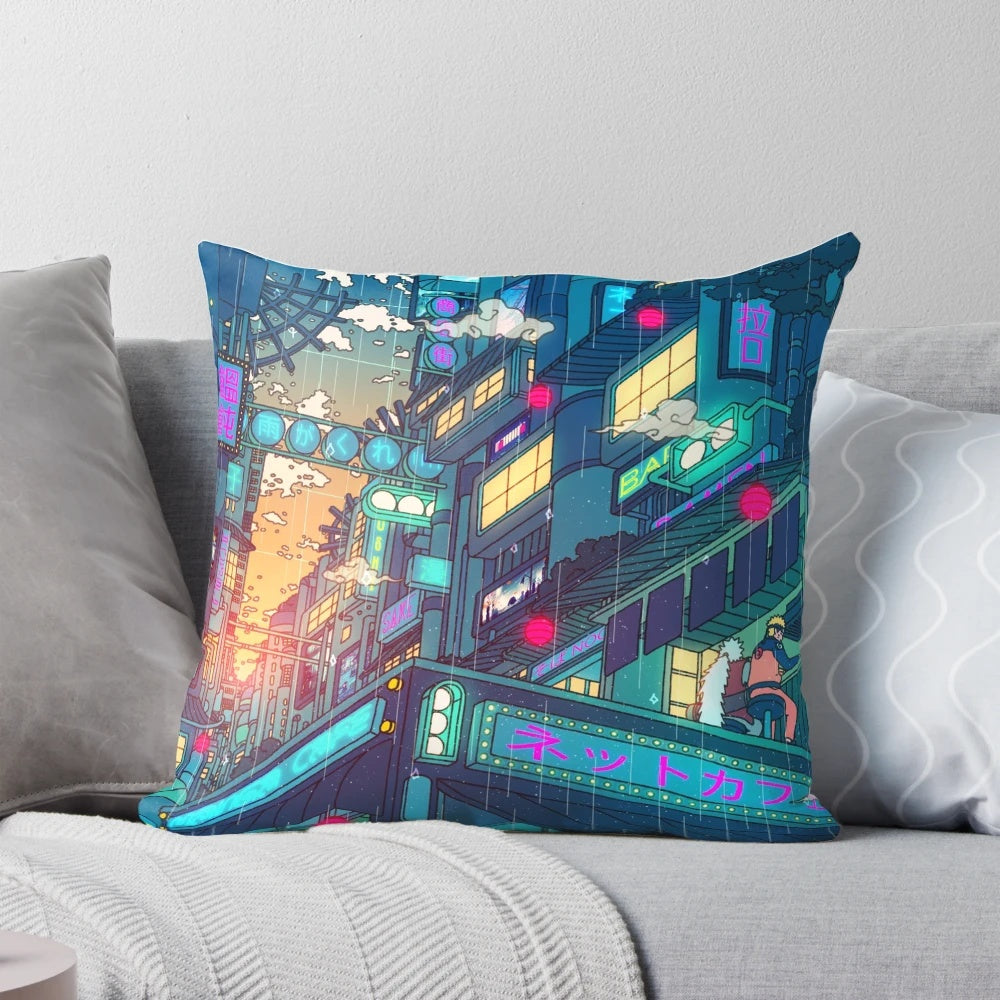A serene and surreal Pillow POD design featuring a rainy village scene in a seerlight, lofi aesthetic.