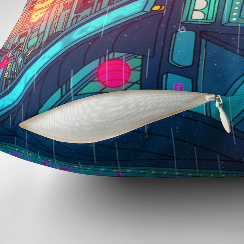 A serene and surreal Pillow POD design featuring a rainy village scene in a seerlight, lofi aesthetic.