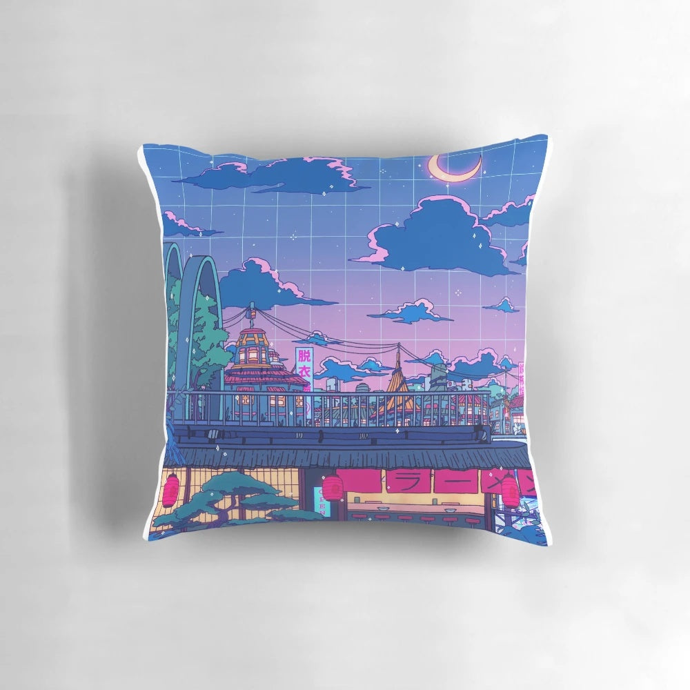 Seerlight-inspired ramen village themed pillow with surreal, vaporwave, and anime-inspired aesthetic