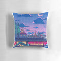 Seerlight-inspired ramen village themed pillow with surreal, vaporwave, and anime-inspired aesthetic