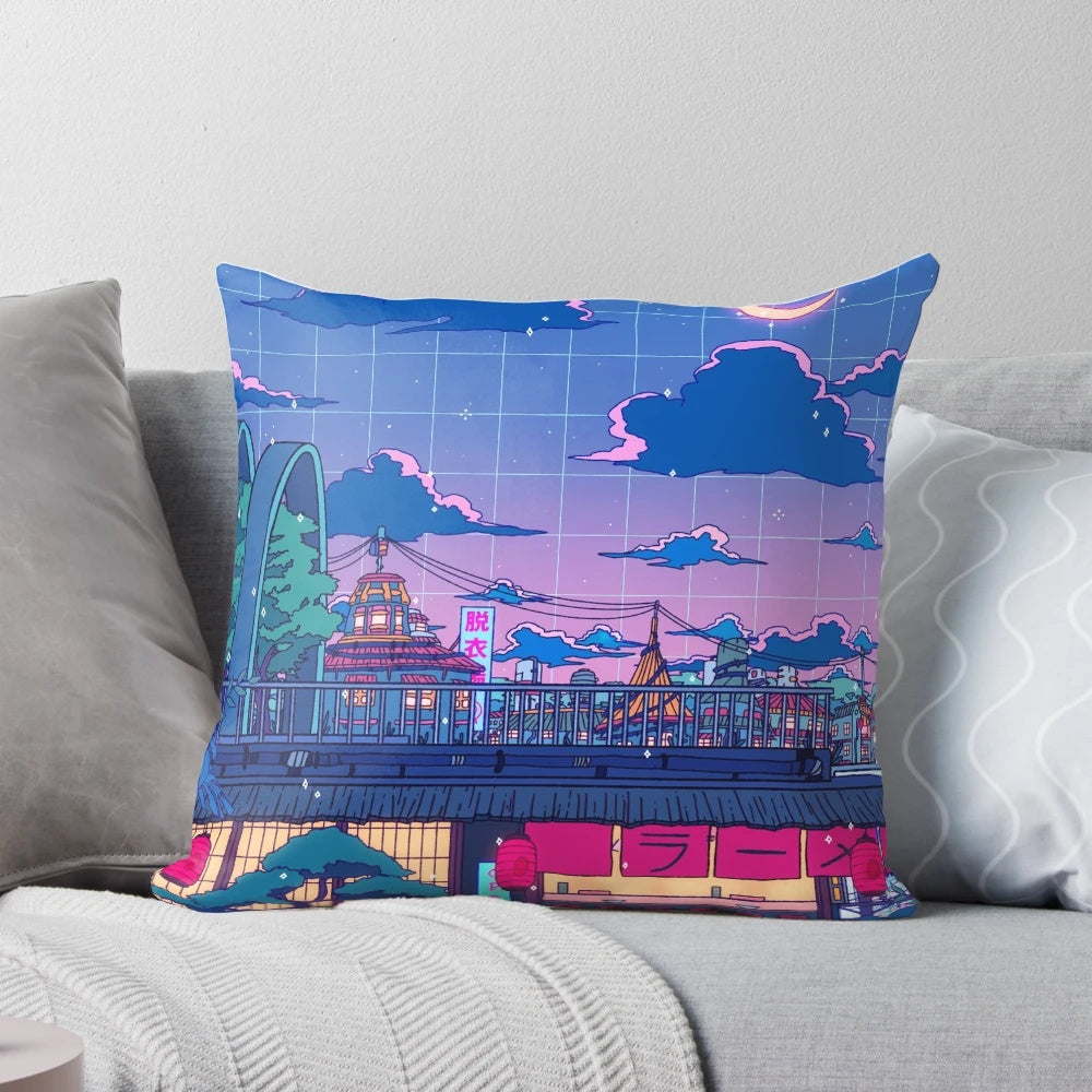 Seerlight-inspired ramen village themed pillow with surreal, vaporwave, and anime-inspired aesthetic