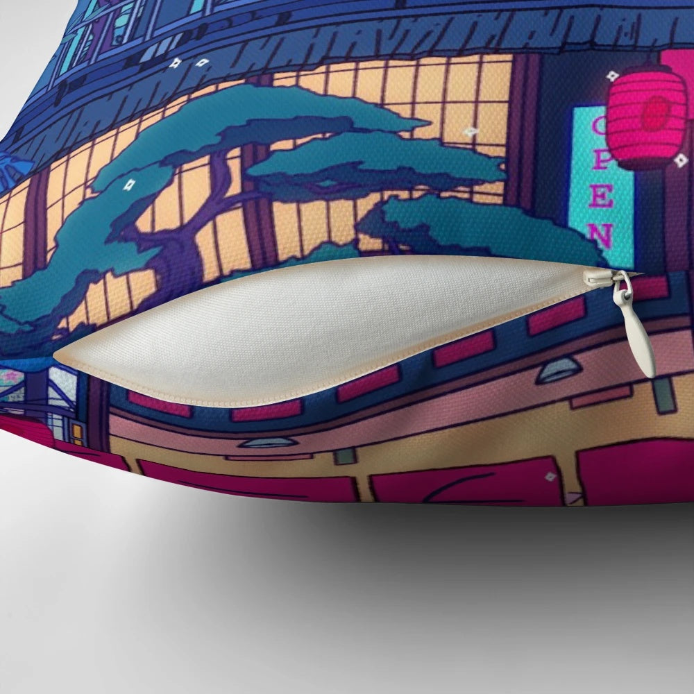 Seerlight-inspired ramen village themed pillow with surreal, vaporwave, and anime-inspired aesthetic