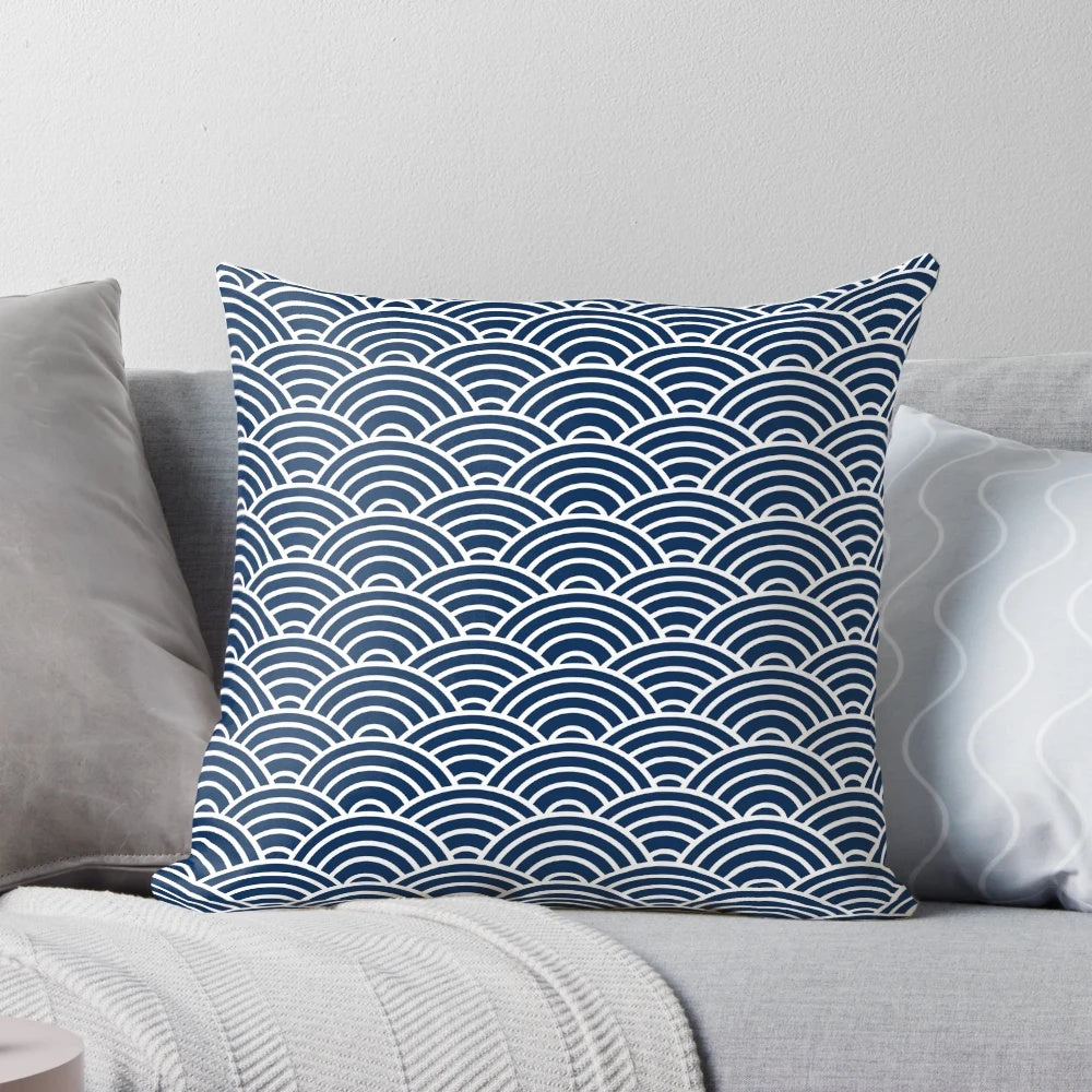Seigaiha-patterned decorative pillow in traditional Japanese textile design