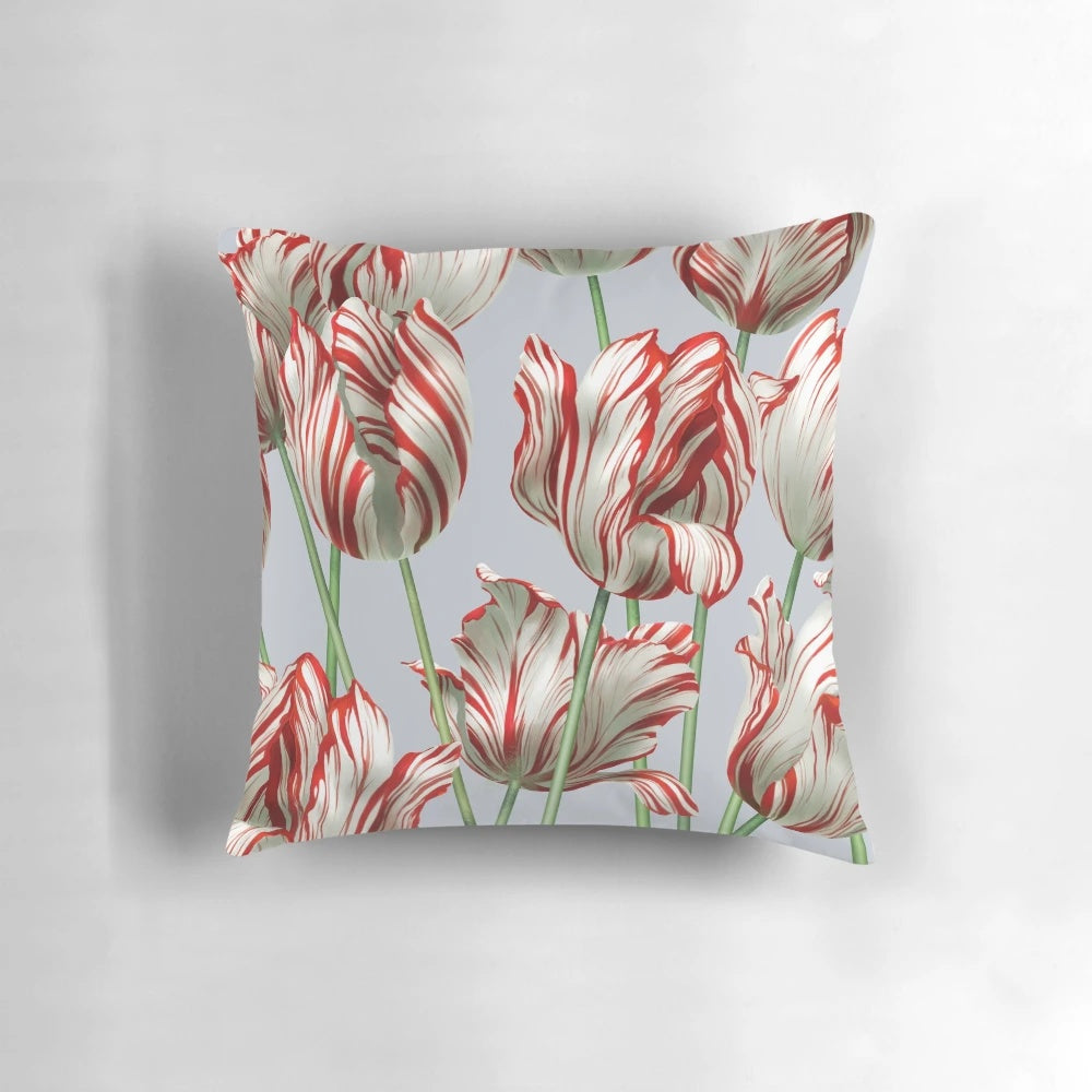A decorative pillow featuring the vibrant red and white Semper Augustus tulip, a famous Dutch tulip variety from the Tulip Mania era.