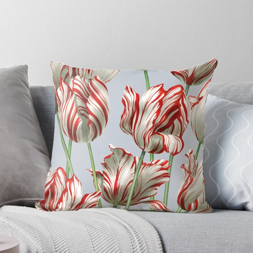 A decorative pillow featuring the vibrant red and white Semper Augustus tulip, a famous Dutch tulip variety from the Tulip Mania era.