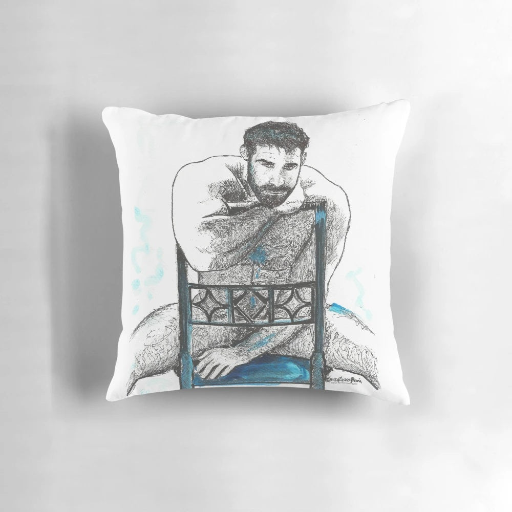 Artwork depicting a beefy, hairy bear man sitting in a blue chair in a sensual, erotic pose.