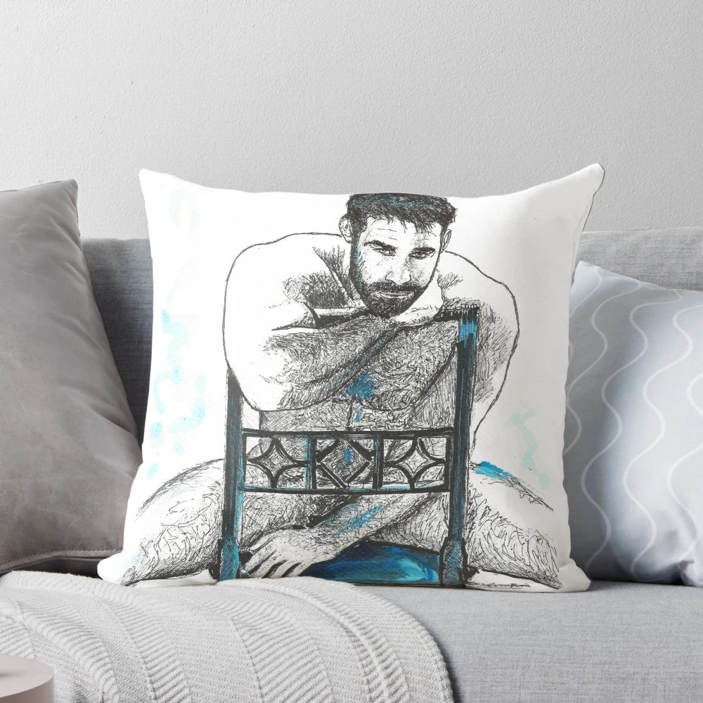 Artwork depicting a beefy, hairy bear man sitting in a blue chair in a sensual, erotic pose.