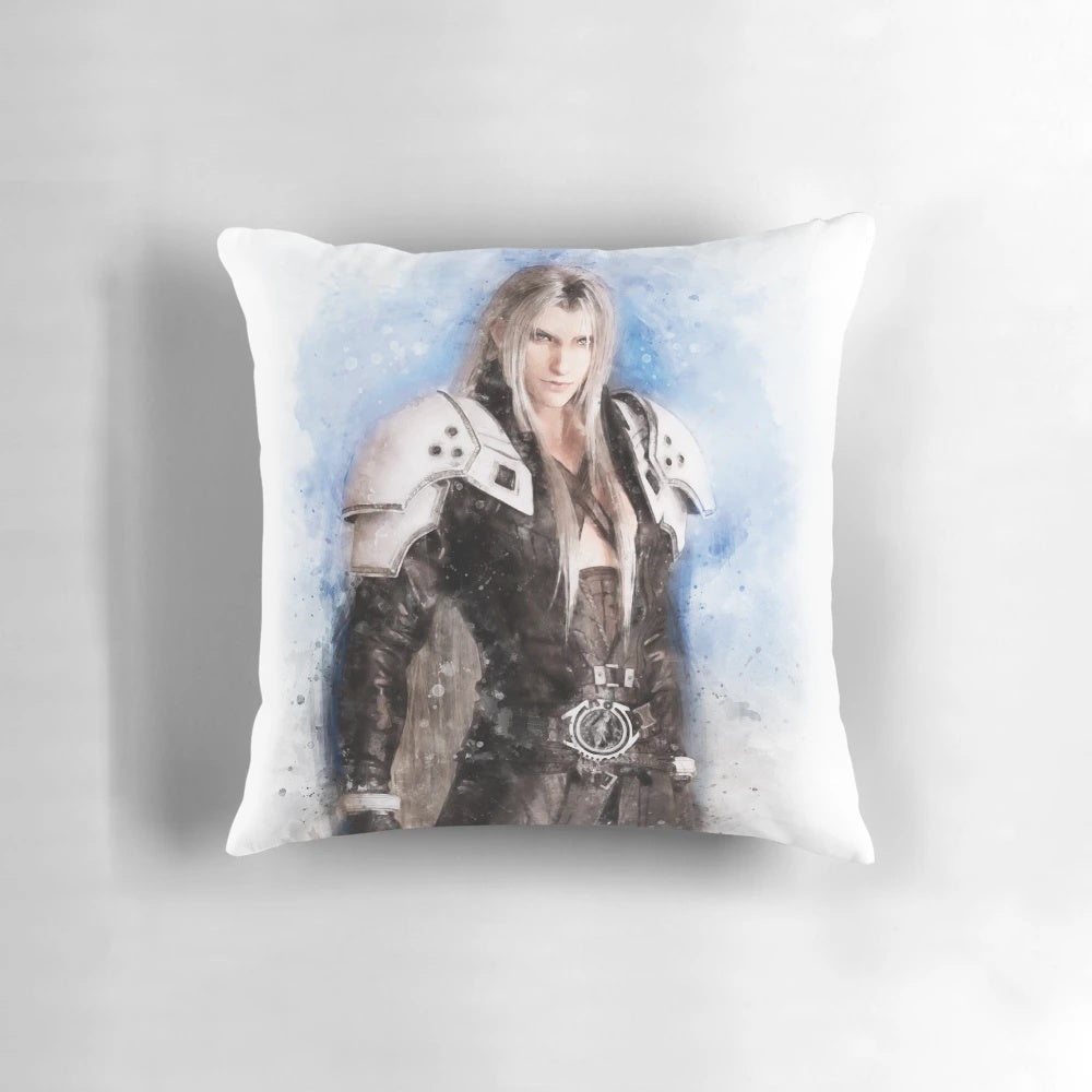 Sephiroth watercolor design on a plush, comfortable throw pillow inspired by the Final Fantasy VII video game.