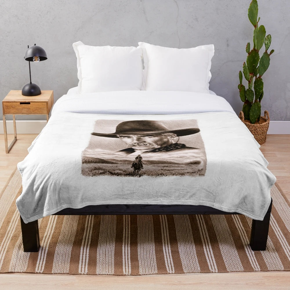 Sepia-toned plush blanket with a realistic drawing of Sam Elliott, the iconic Western actor, in his signature cowboy attire.