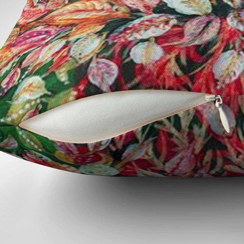 Vibrant pillow featuring the botanical artwork of French painter Seraphine Louis, showcasing colorful plant leaves and foliage.