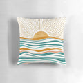 Abstract landscape pillow design featuring a blue sky, ocean waves, and golden sunshine