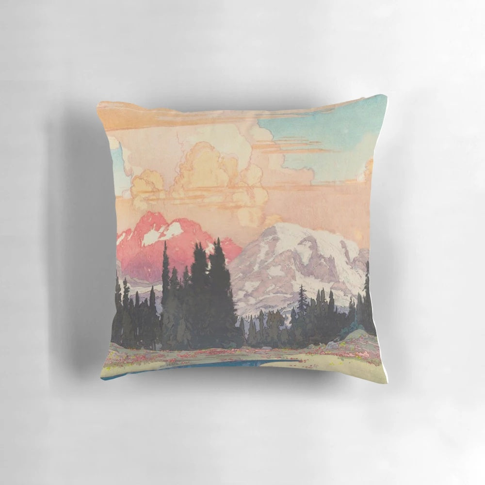 Landscape pillow featuring a tranquil Asian-inspired mountain scene with snowy peaks, a lake, and a vibrant sunset sky in shades of blue, purple, and white.