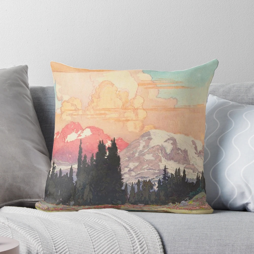 Landscape pillow featuring a tranquil Asian-inspired mountain scene with snowy peaks, a lake, and a vibrant sunset sky in shades of blue, purple, and white.