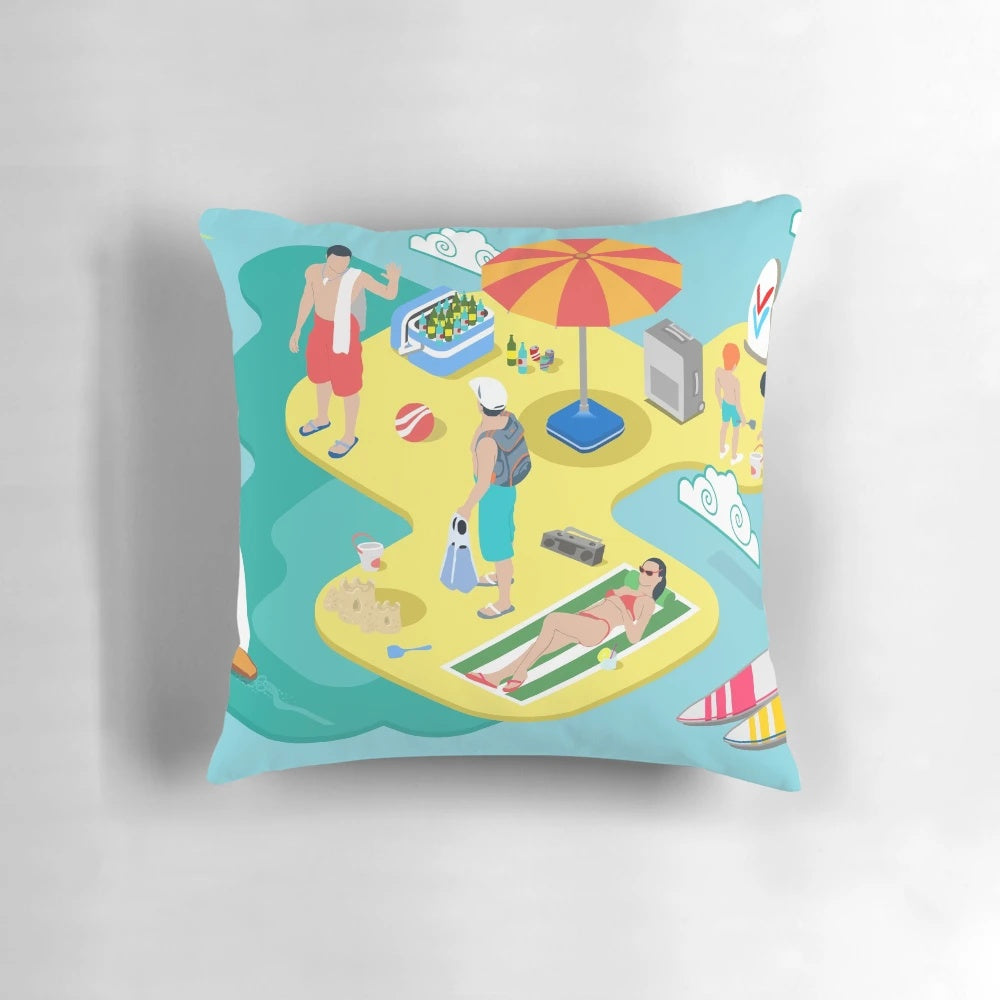 Isometric illustration of a family enjoying a beach vacation and tropical lifestyle on a comfortable pillow