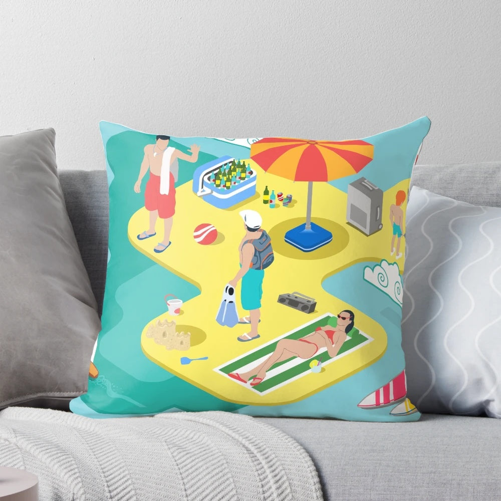Isometric illustration of a family enjoying a beach vacation and tropical lifestyle on a comfortable pillow