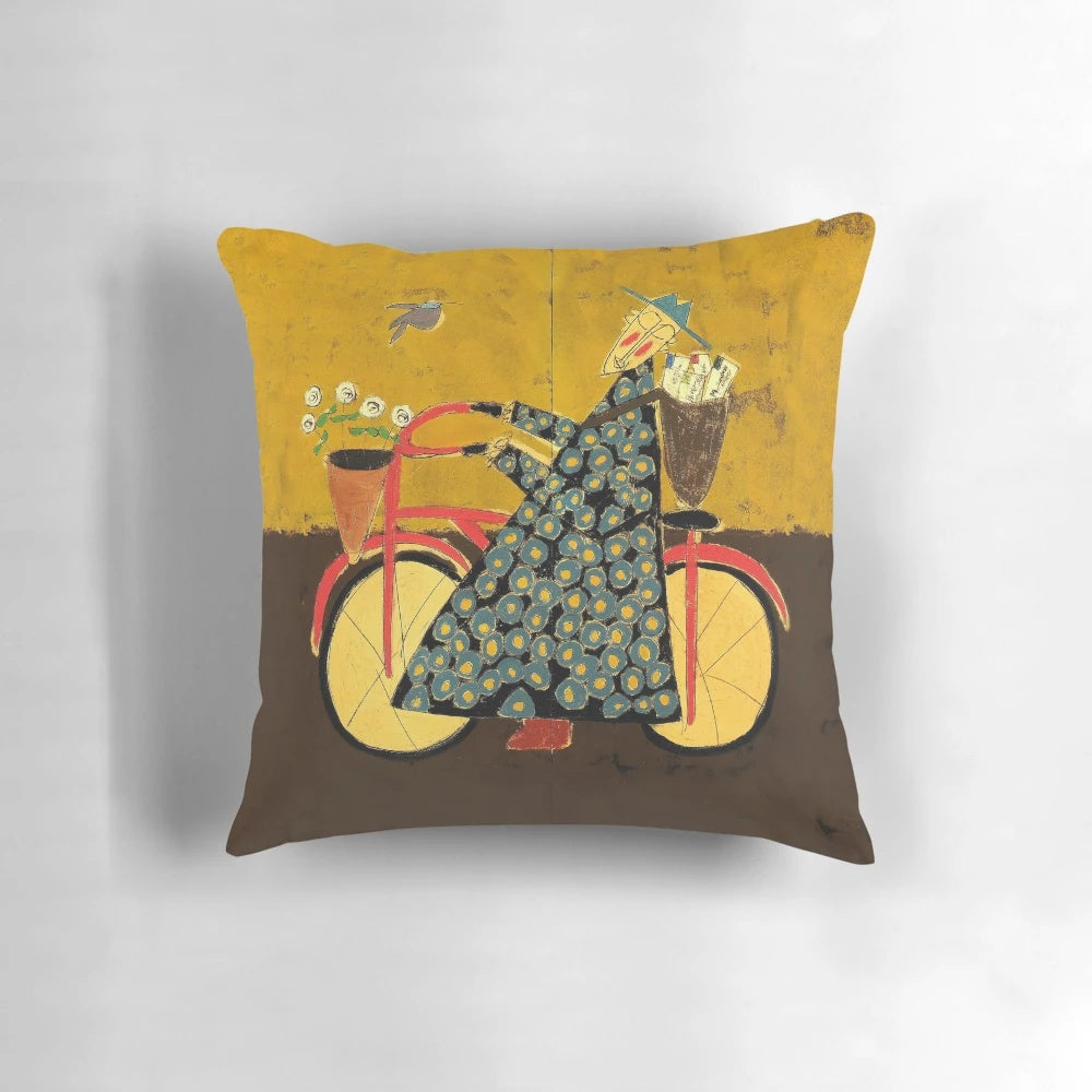 Decorative pillow featuring a bicycle-riding Buddhist monk with love letters in the background