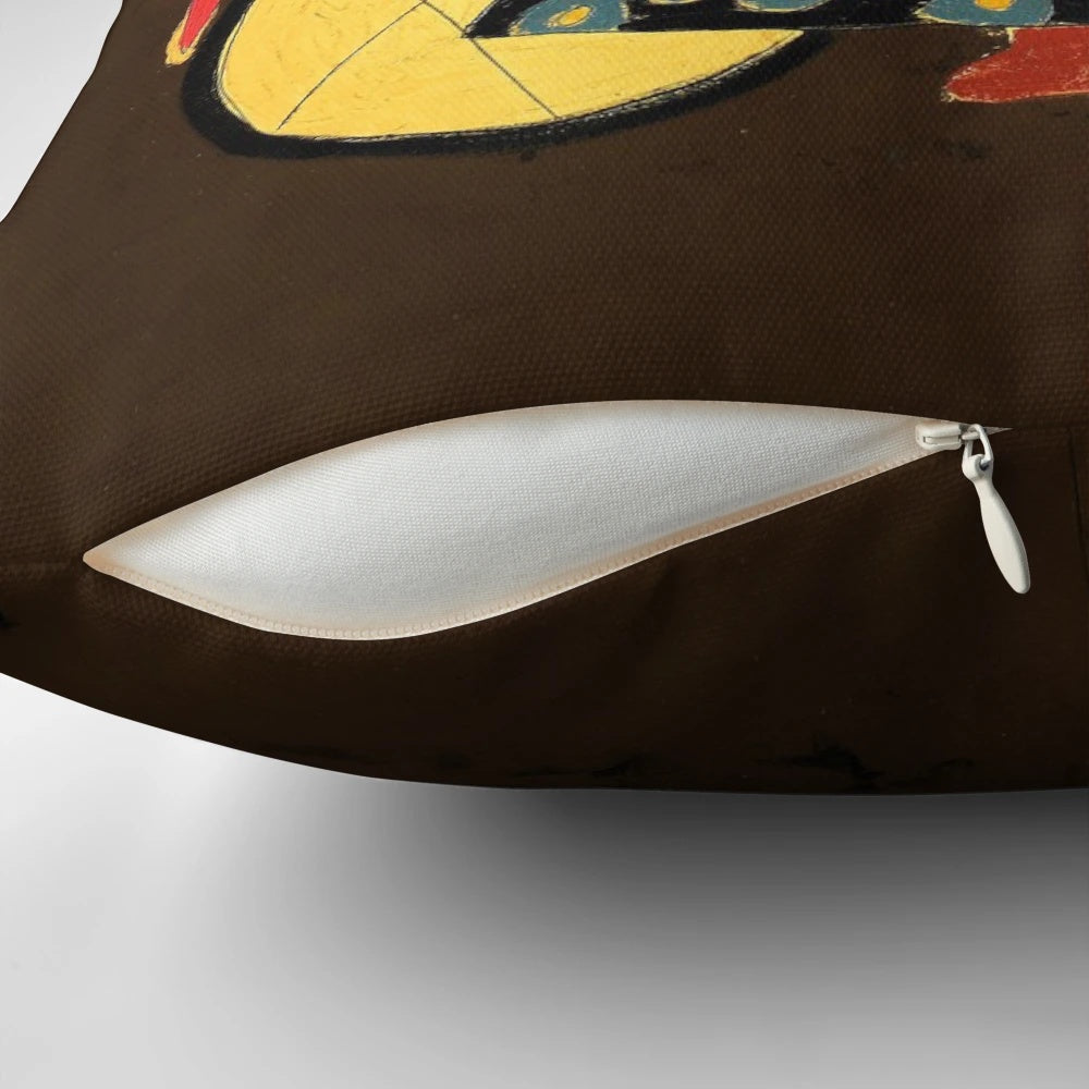 Decorative pillow featuring a bicycle-riding Buddhist monk with love letters in the background