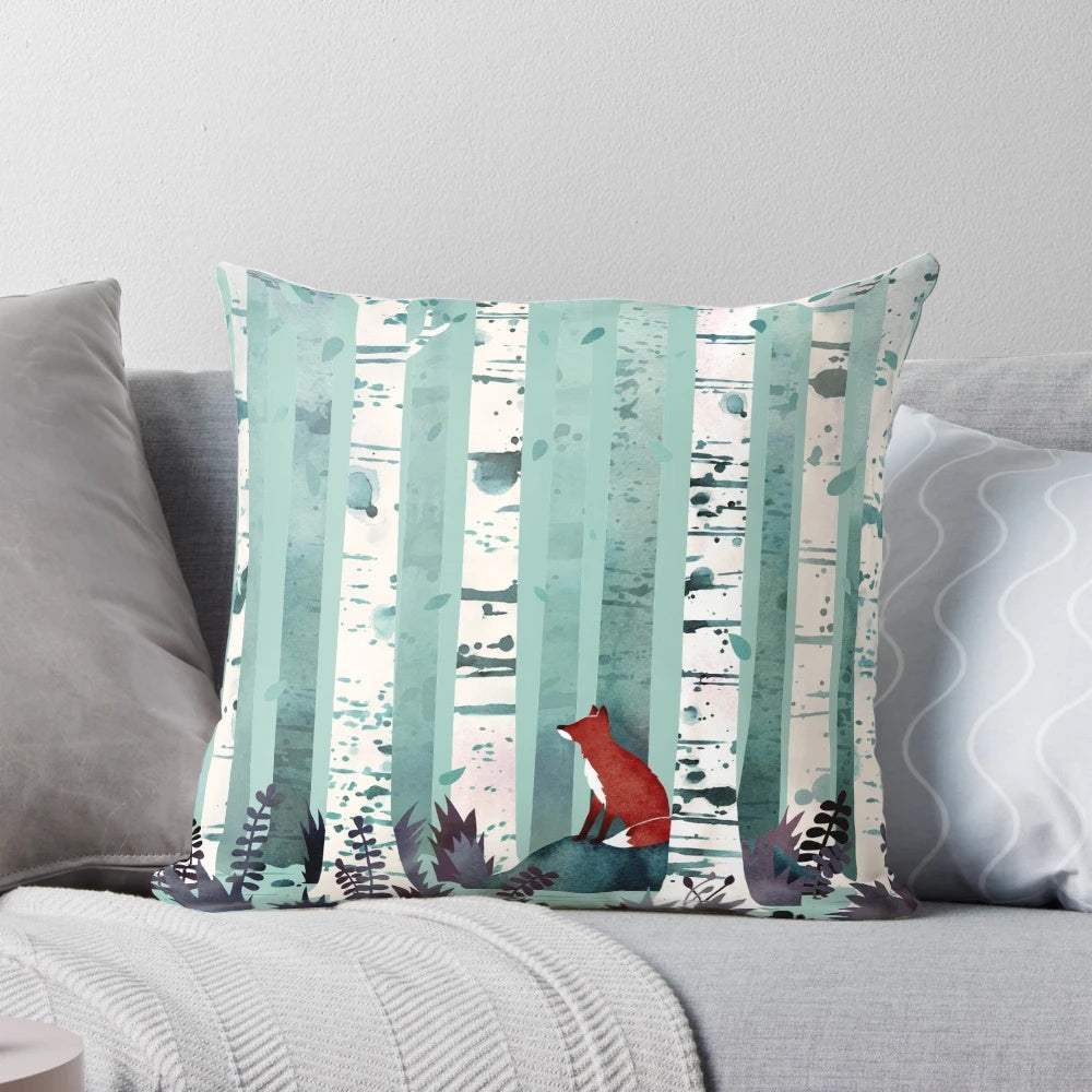 Serene watercolor painting of birch trees in a forest on a decorative throw pillow