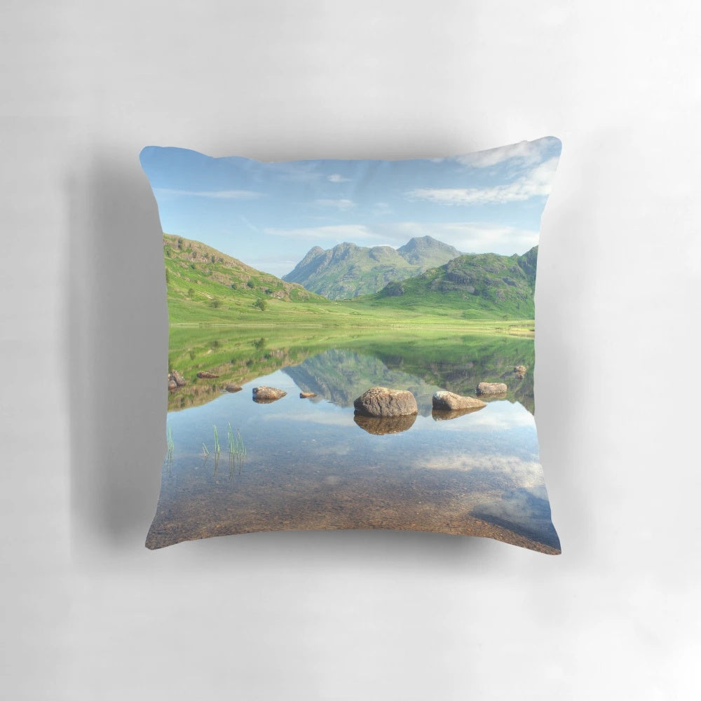 Pillow featuring a beautiful photograph of Blea Tarn in the Lake District, England, with the Langdale Pikes in the background.