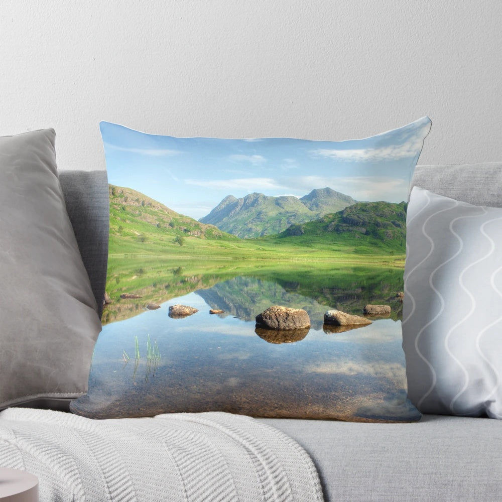 Pillow featuring a beautiful photograph of Blea Tarn in the Lake District, England, with the Langdale Pikes in the background.
