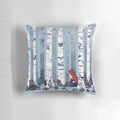 Blue and white watercolor painting of birch trees in a forest, featured on a decorative throw pillow.