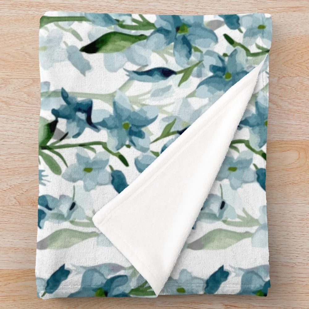 Blue branches plush blanket with watercolor floral design